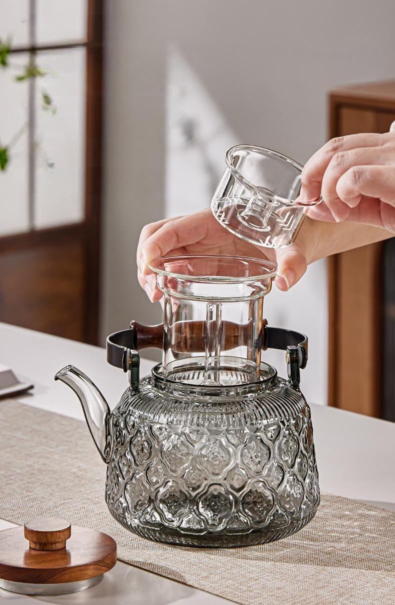 IwaiLoft Stovetop Safe Glass Teapot with Malus Spectabilis Pattern Removable Infuser Fine Borosilicate Tea Pot perfect for Fruit Flowering Tea Canister Premium Quality Tea Kettle Gift(Gray)
