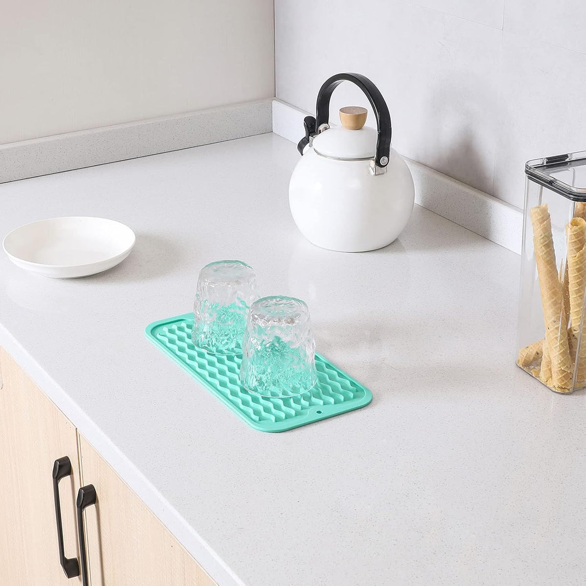 Silicone Dish Drying Mat for Multiple Usage,Easy clean,Eco-friendly,Heat-resistant Silicone Mat for Kitchen Counter or Sink,Refrigerator or Drawer Liner Mint S 12 inches x 6 inches