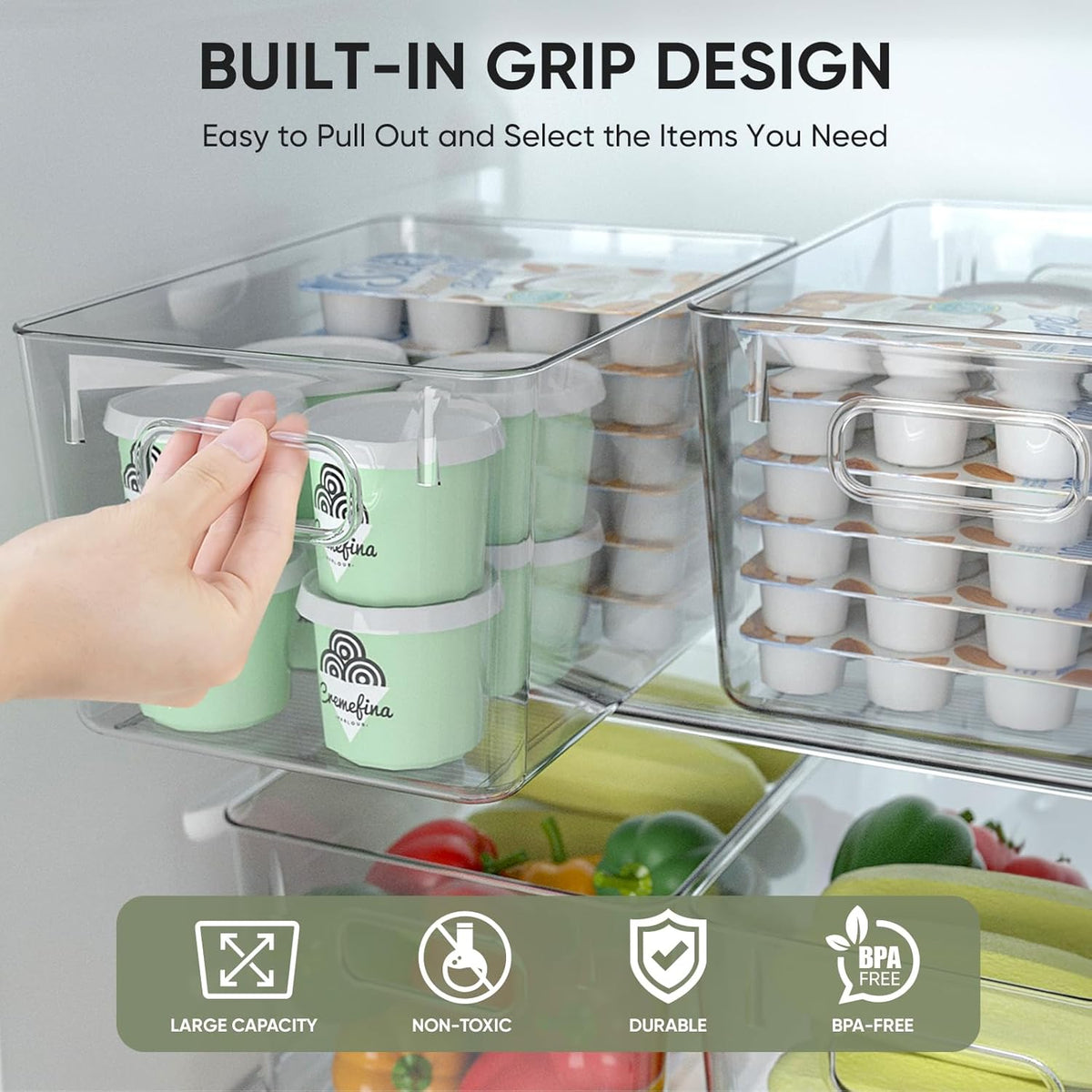 BALEINE Clear Plastic Storage Bins, Pantry Organization, BPA Free Stackable Refrigerator Organizers and Storage with Handles for Kitchen Fridge Cabinet Bathroom (8PK, 10.5x6x5)