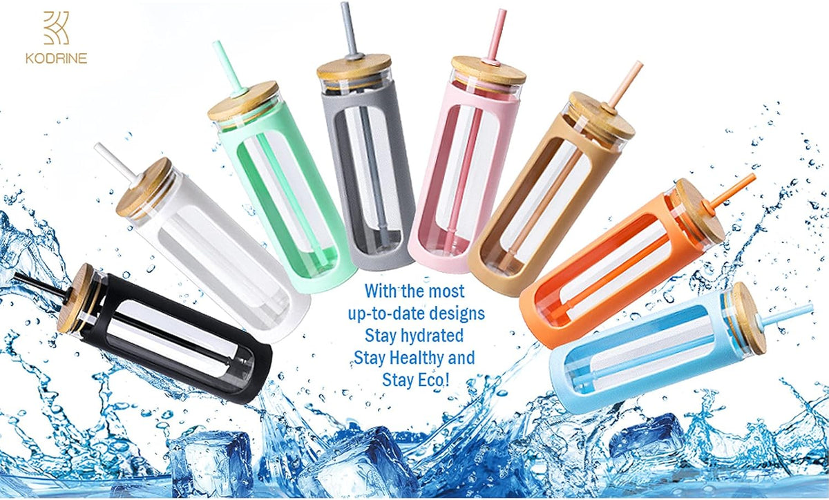 Kodrine 20oz Glass Tumbler with Straw and Lid, Bamboo Lids Water Bottle, Reusable Iced Coffee Cups, Wide Mouth Smoothie Cup with Protective Silicone Sleeve BPA FREE-White+Pink-2pack