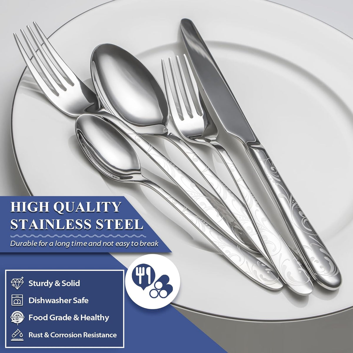 40 Piece Silverware Set Service for 8, EIUBUIE Premium Stainless Steel Cutlery Set, Mirror Polished Flatware Sets with Pattern Handle, Modern Kitchen Eating Utensils Sets Include Spoons Forks Knives