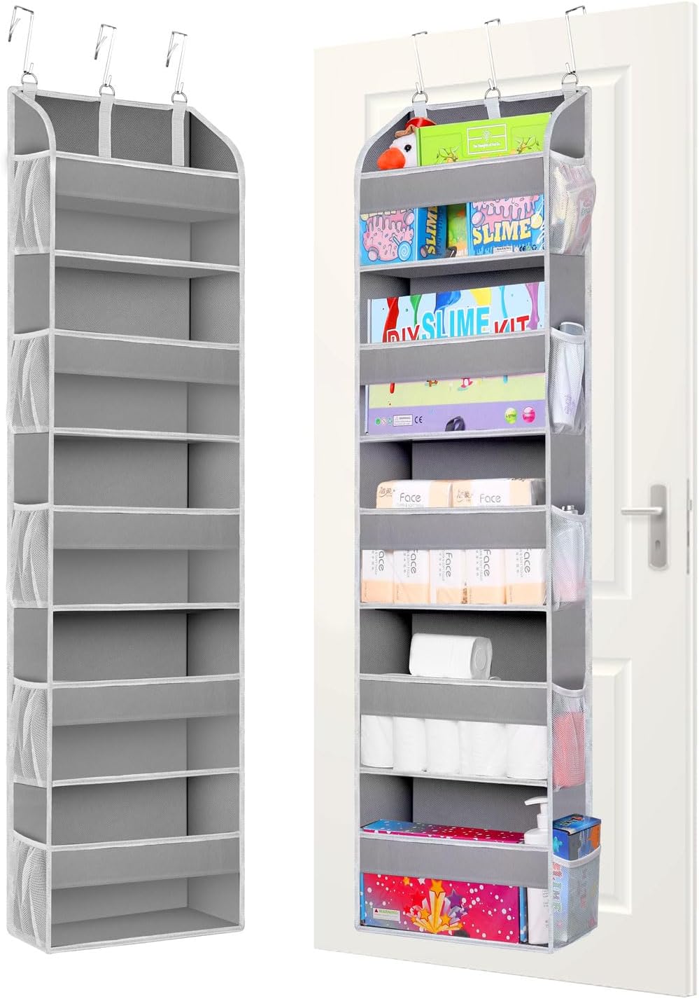 2 Pack Over The Door Storage Organizer with 5 Pockets 10 Mesh Side Pockets, 44 lbs Weight Capacity Door Hanging Organizers and Storage for Bedroom,Bathroom,Nursery,Pantry,Dorm(Light Gray)