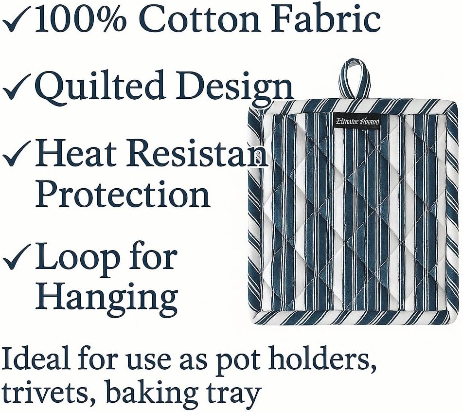 AMOUR INFINI Double Stripe Pot Holders Heat Resistant Cotton Set of 3 Nonslip 8"x8" Inch Hot Pads for Kitchen, BBQ, Baking & Cooking with Hanging Loops (Blue)