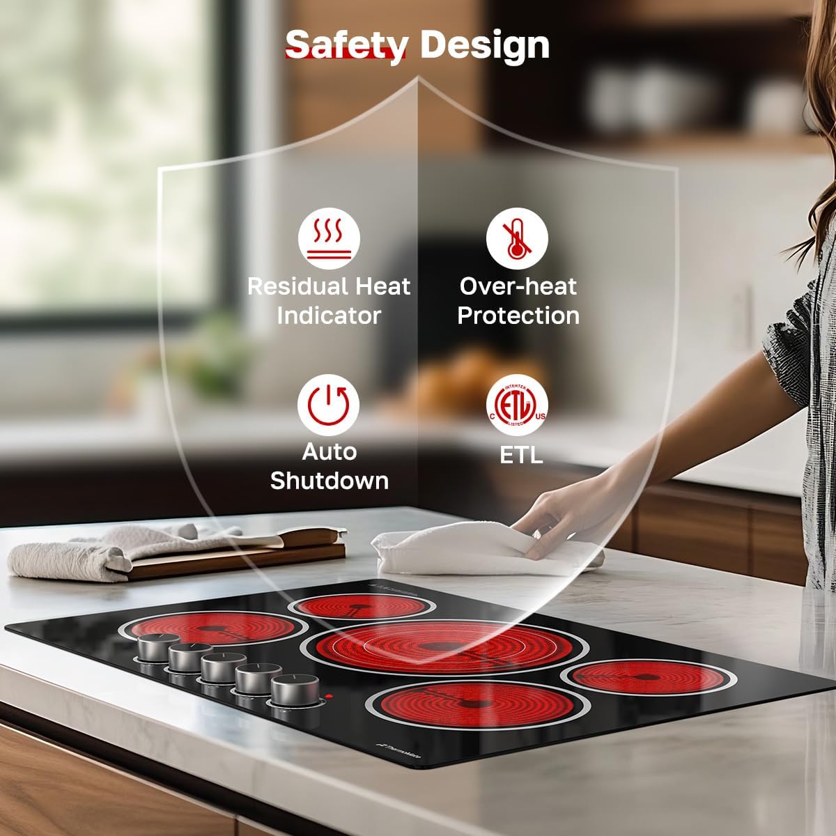 ThermoMate 30 Inch Electric Cooktop, 5 Burners Knob Control Built-in Ceramic Cooktop, 30" Radiant Electric Stove Top of 9000W with 9 Heat Levels, Hot Surface Indicator, 220-240v, Hard Wired
