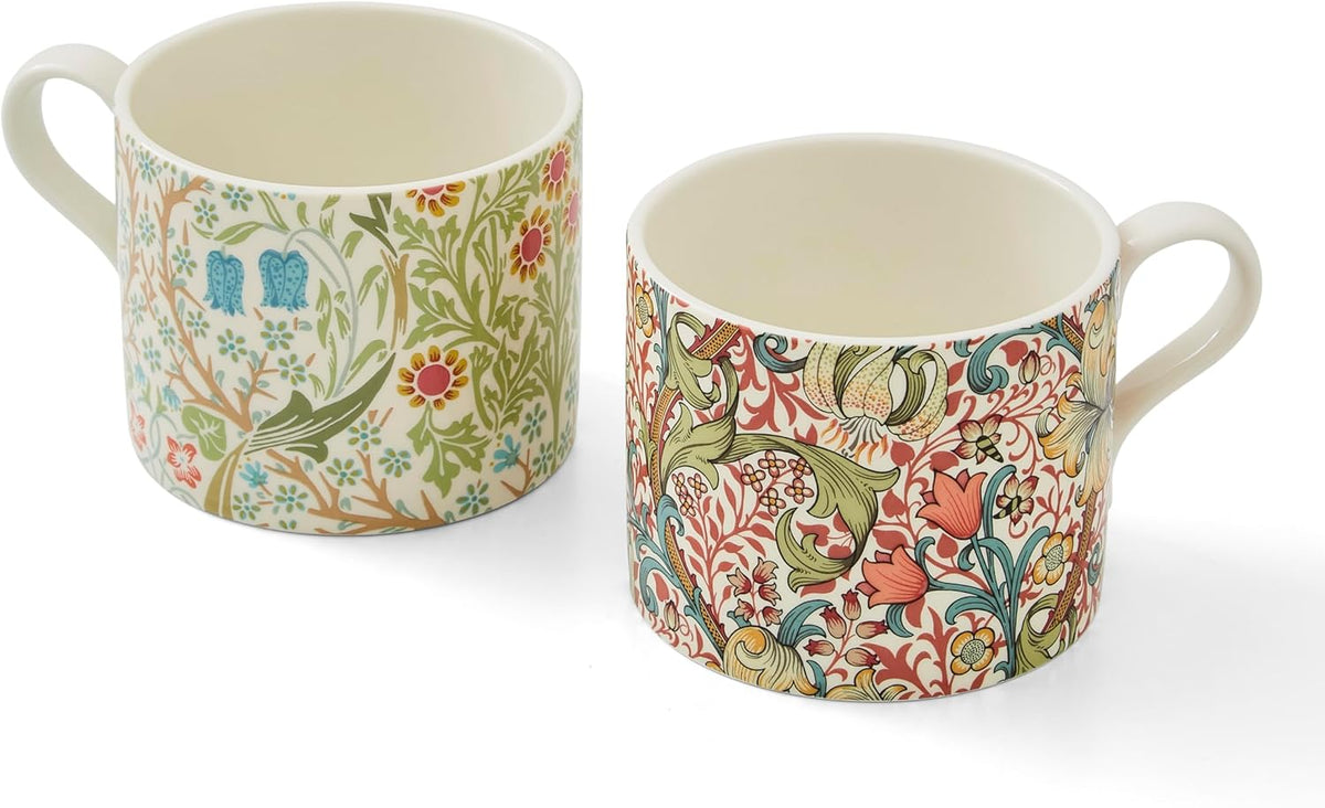 Spode Morris & Co Porcelain Mugs, Set of 2-12oz Microwave and Dishwasher Safe Tea & Coffee Cups for Kitchen Countertop or Home Brew Coffee Station, Great Gift for Mothers (Blackthorn & Golden Lily)