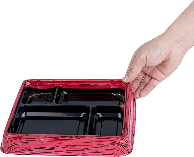 Restaurantware Bento Tek 15.2 Ounce Meal Prep Containers, 50 Disposable To Go Food Boxes - Lids Sold Separately, 4 Compartments, Red And Black Plastic Bento Lunch Boxes, Freezable, For Take Out