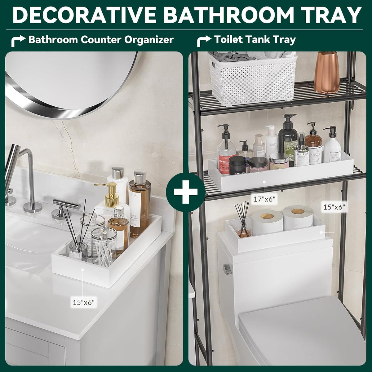 Bamboo Drawer Organizer, Extra Large Silverware Organizer for Kitchen Drawer, Stackable Utensil Organizer, 2 Pcs Toilet Tank Topper Tray, Wooden Toilet Paper Basket (White, 17 X 6 X 2 Inch)