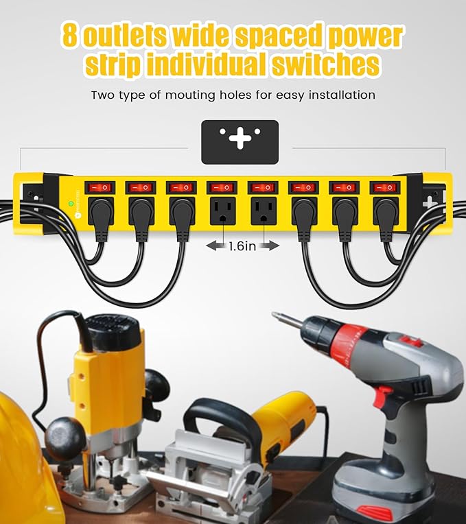 Heavy Duty Power Strip with Individual Switches,8 Outlets 14 Gauge Industrial Shop Garage Metal Multiple Outlets,1200J Surge Protector Mountable Power Strip,10FT Extension Cord Management(Yellow)