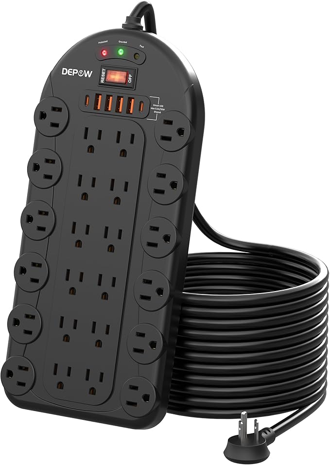 Power Strip, 24 AC Outlets (1875W/15A) with 6 USBs (2 USB-C Ports), Surge Protector (3,400 Joules), 10Ft Heavy Duty Flat Plug Extension Cord, Wall Mountable for Home, Office, Black, ETL Listed