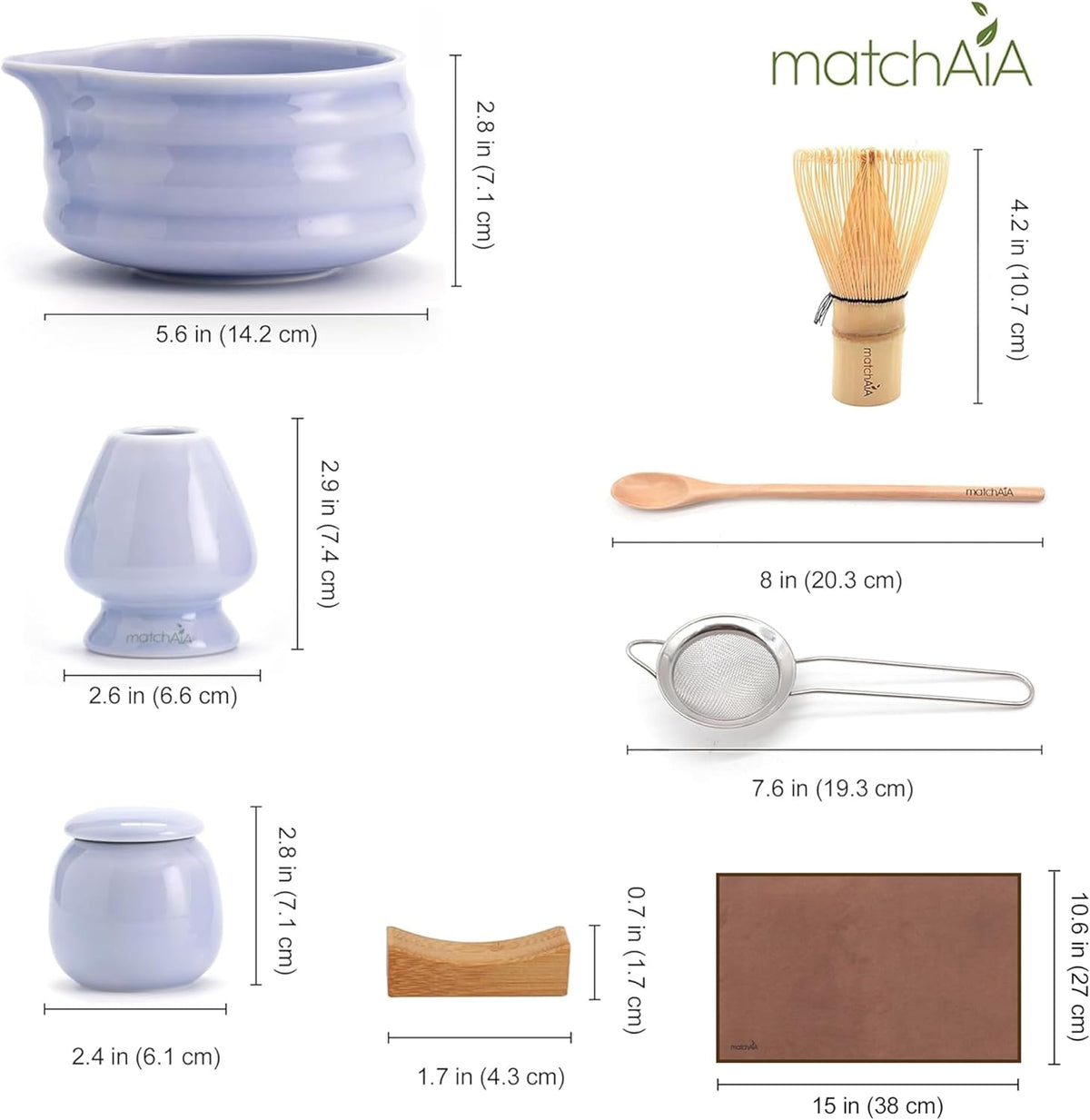 Matcha Whisk Set 8 Pcs - Ceramic Bowl, Bamboo Whisk with Holder, Canister, Sifter, Schima Spoon, Spoon Rest and Tea Towel, Complete Kit for Traditional Matcha and Modern Lattes (Purple)