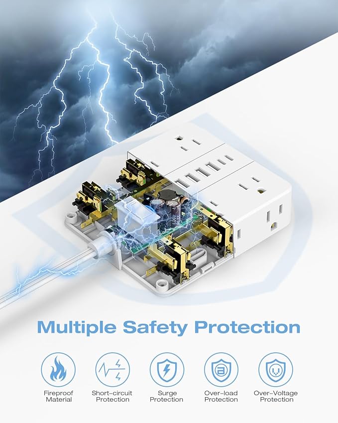 10FT Surge Protector Power Strip,12 AC Outlets with 6 USB Ports (2 USB-C), Flat Plug Extension Cord with Multiple Outlets, Wall Mount for Home Office,Dorm,White