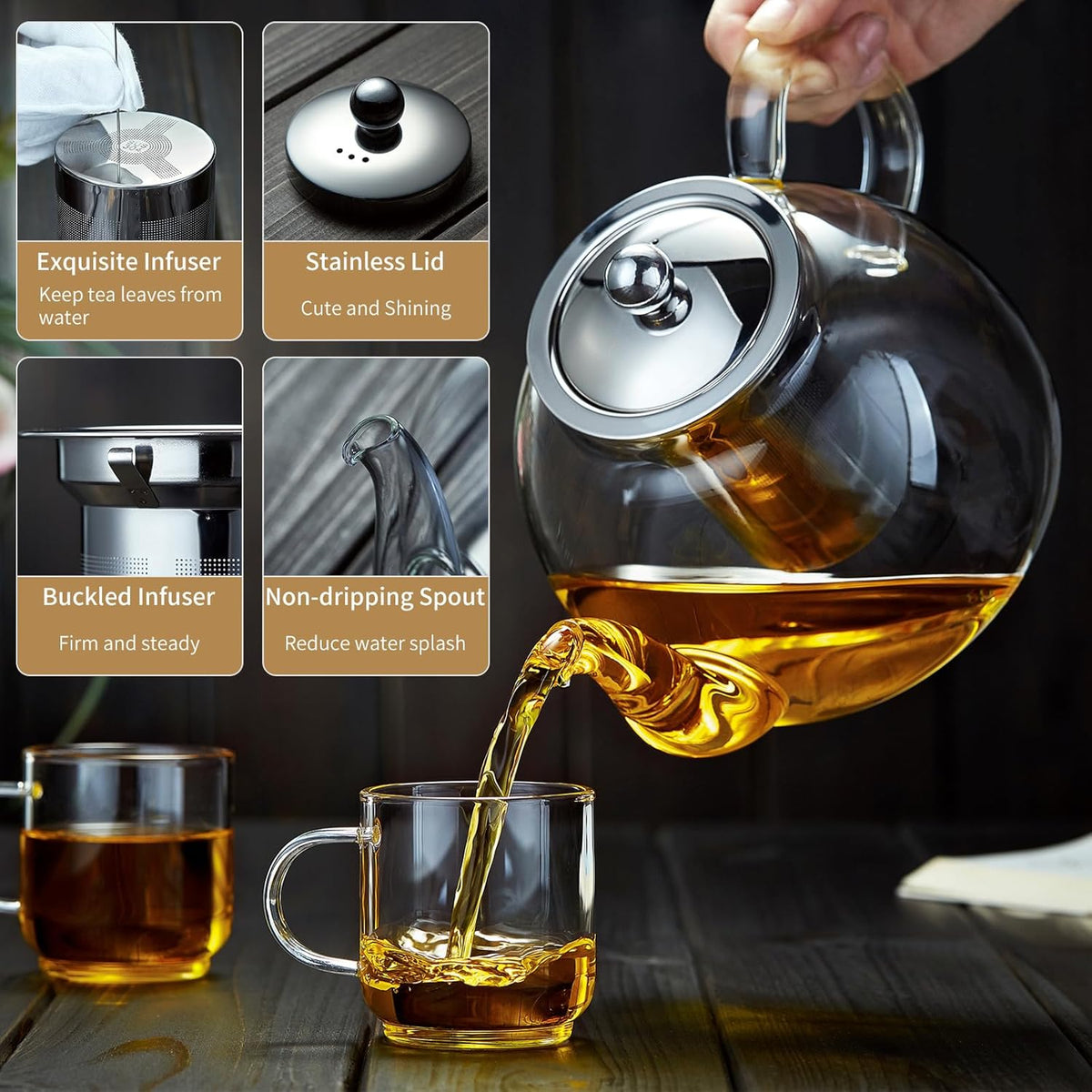 40OZ (1200ML) Glass Teapot with Infuser Stovetop Safe, Clear Glass Tea Pot Kettle, Borosilicate Tea Pot with Infusers Filter for Loose Tea, Tea Kettle Dishwasher Safe