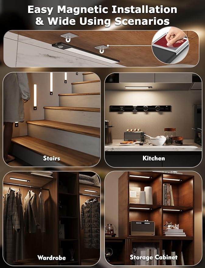 12" Ultra-Thin Under Cabinet Lighting Wireless, Aluminum Alloy Under Counter Lights for Kitchen, 3-Color-Temps Magnetic Closet Lights, Rechargeable Motion Sensor Light Indoor (2 Pack, Black)