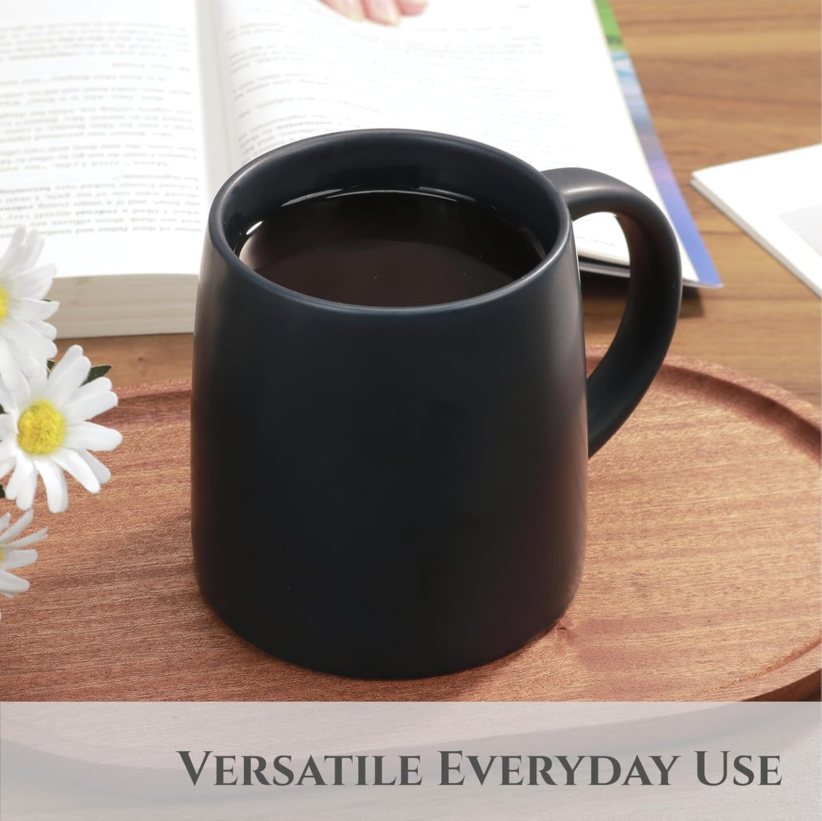 Classic Mug, 14 oz Large Coffee Mug with Handle, Ceramic Porcelain Tea Cup, Smooth Matte (Sliding Lid, Navy Blue)