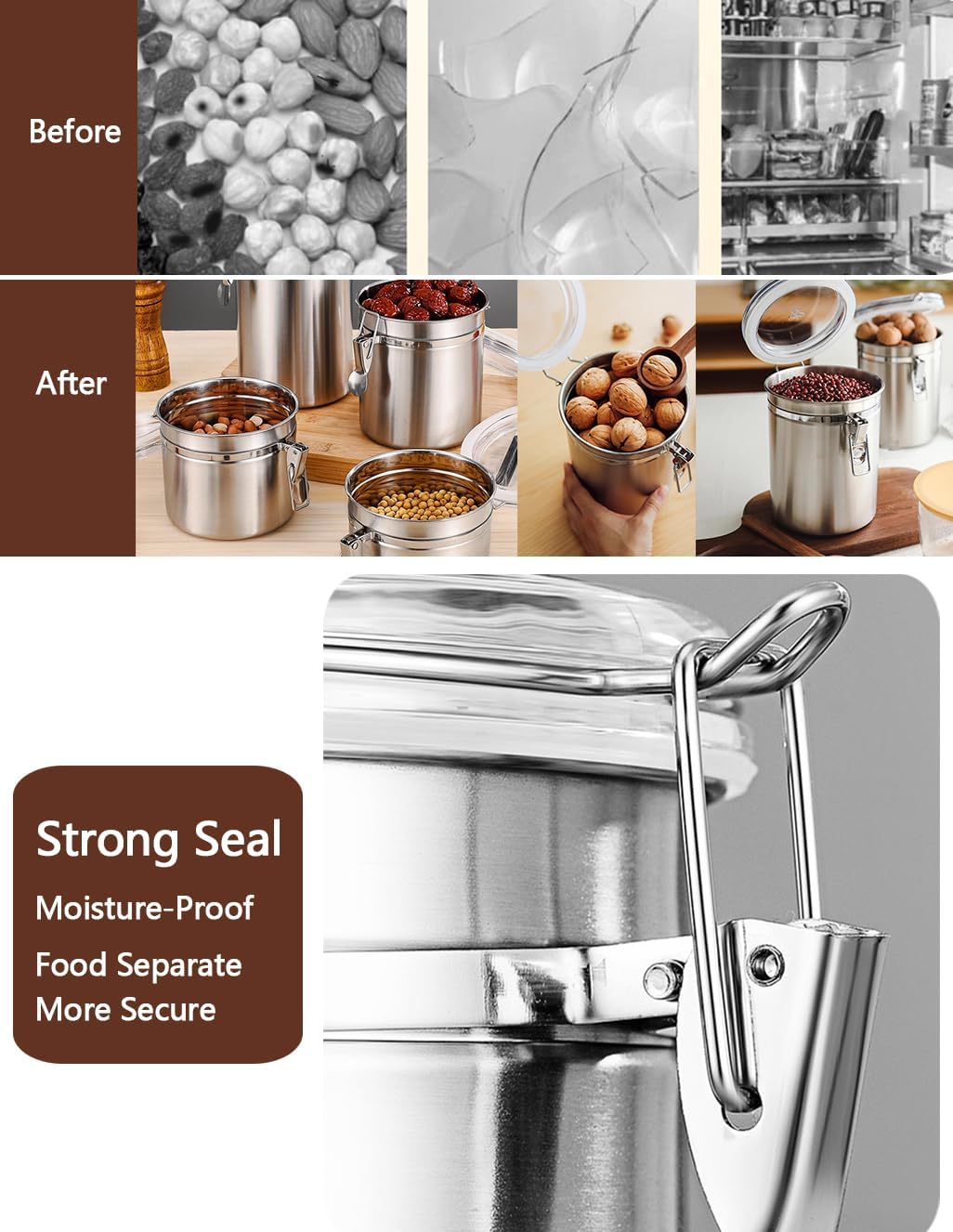 Stainless Steel Food Container with Clear Lids Airtight Container Stackable Small Canisters Kitchen Pantry Storage for Cereal, Snacks, Candy, Herbs, Spices, Sugar, Tea (1.8L Silver-2)