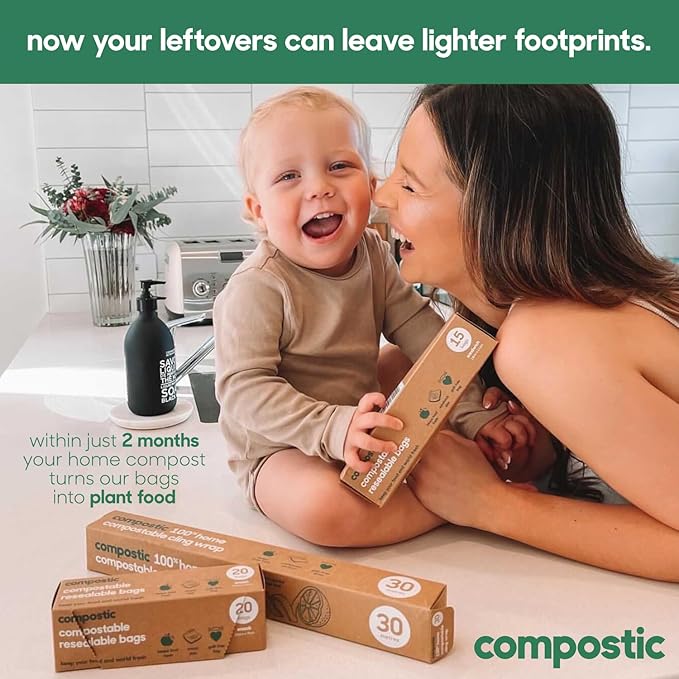 Home Compostable Resealable Snack Bags (6"x 3.5"), Microwave & Freezer Safe, Organic Food Storage Container, 30 Count (Pack of 2)