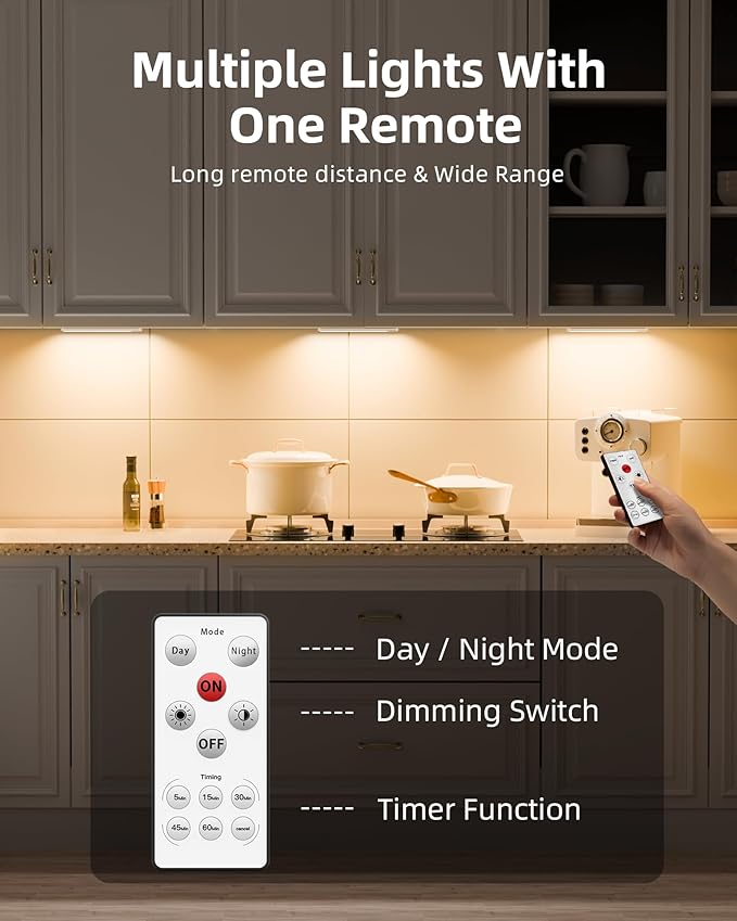 EZVALO 3 Pack Under Cabinet Lighting, Rechargeable Motion Sensor Light, LED Closet Lights Wireless, 3500K Dimmable, Timer, Magnetic, with Remote Control for Kitchen, Closet, Stair