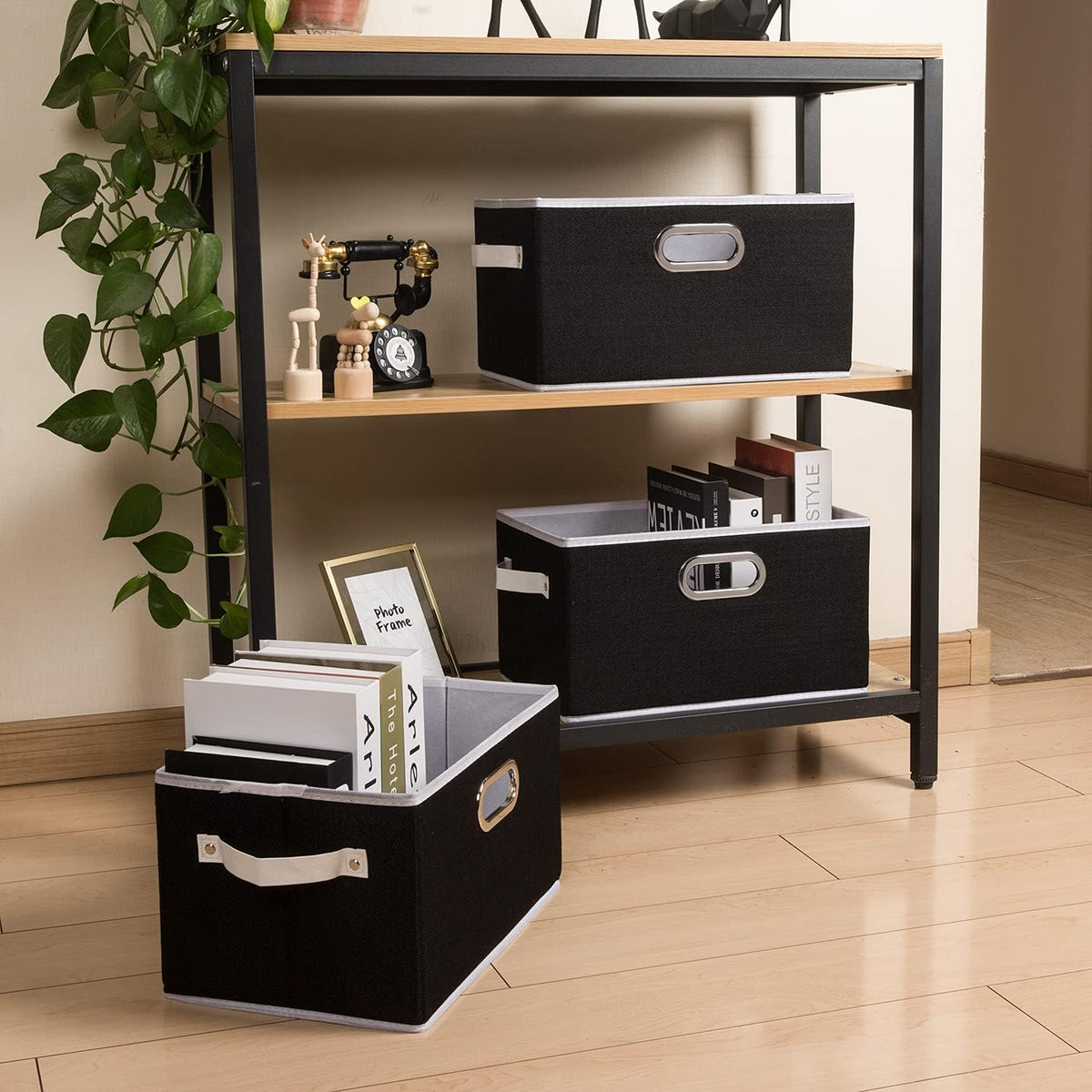 PRANDOM Fodable Storage Bins for Closet [3-Pack] Decorative Fabric Storage Baskets Cubes with Leather/Metal Handles for Shelves Bedroom Living Room Black (11.5x8.5x6.7 Inch)