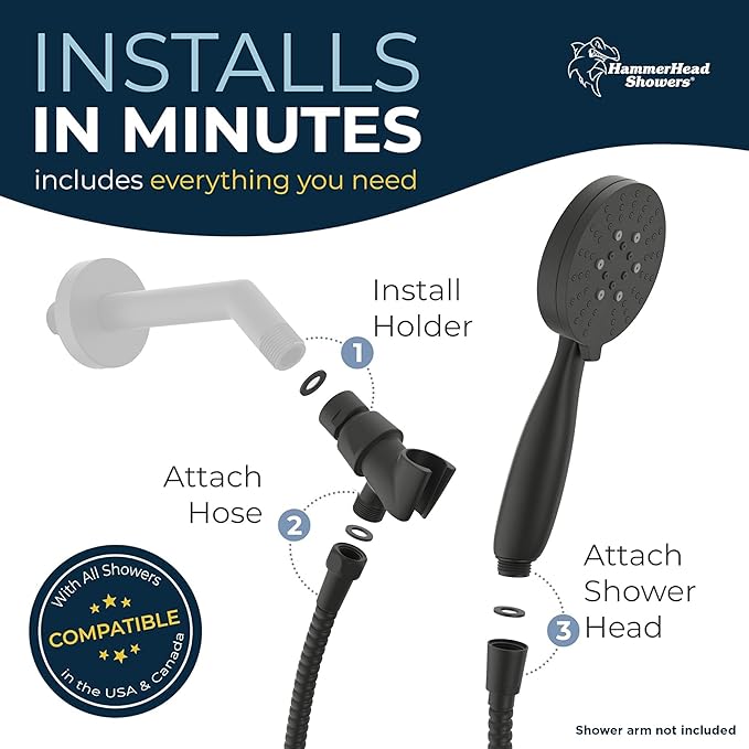 HammerHead Showers® Solid Metal 3-Spray Handheld Shower Head with Long Hose and Holder - MATTE BLACK - 2.5 GPM High Pressure Shower Head with Handheld Sprayer - WIDE, MASSAGE, and MIST Sprays