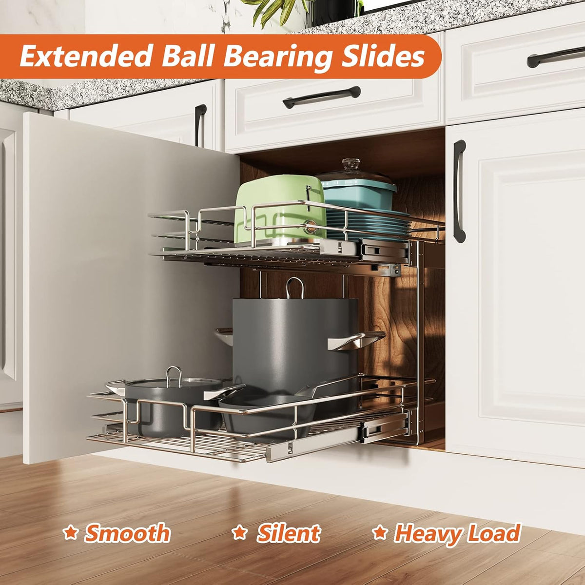 ROOMTEC Individual Pull Out Cabinet Organizer (14" W x 18" D), 2 Tier Spice Rack Organizer for Cabinet, Slide Out Drawer Pantry Shelf Organization and Storage for Kitchen Bathroom