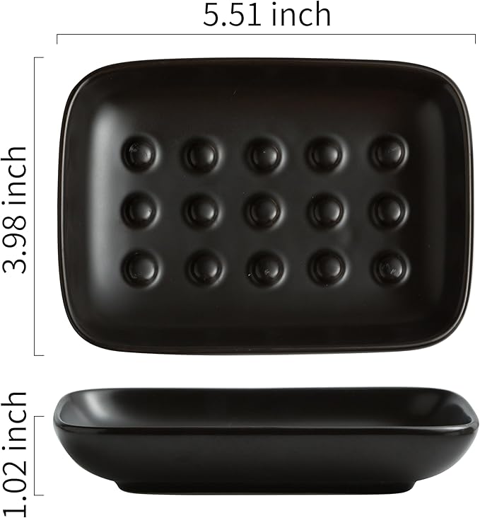 Soap Dish, Ceramic Soap Holder Shower Soap Dish for Bar Soap Sponge, Soap Saver Tray for Bathroom Kitchen Sink, Black
