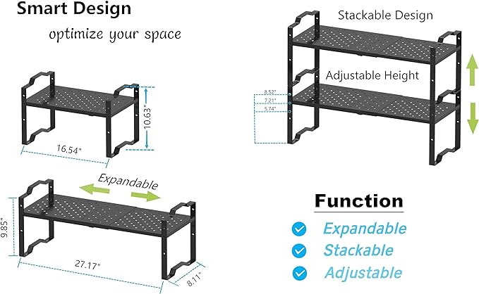 Expandable Shelf for Cabinet Organizer Adjustable Stackable Spice Rack at Kitchen and Bathroom More, Counter Countertop Cupboard Organization Pantry Storage (2 Packs/Gun-Grey, Medium)