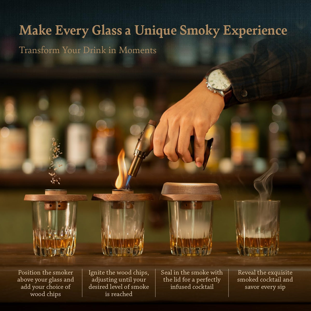 Cocktail Whiskey Smoker Kit with Torch, Wooden Box & Stand | Premium USA Walnut Smoker & 4 Flavors Natural Wood Chips | Old Fashioned Smoker Kit | Bourbon Gifts for Men