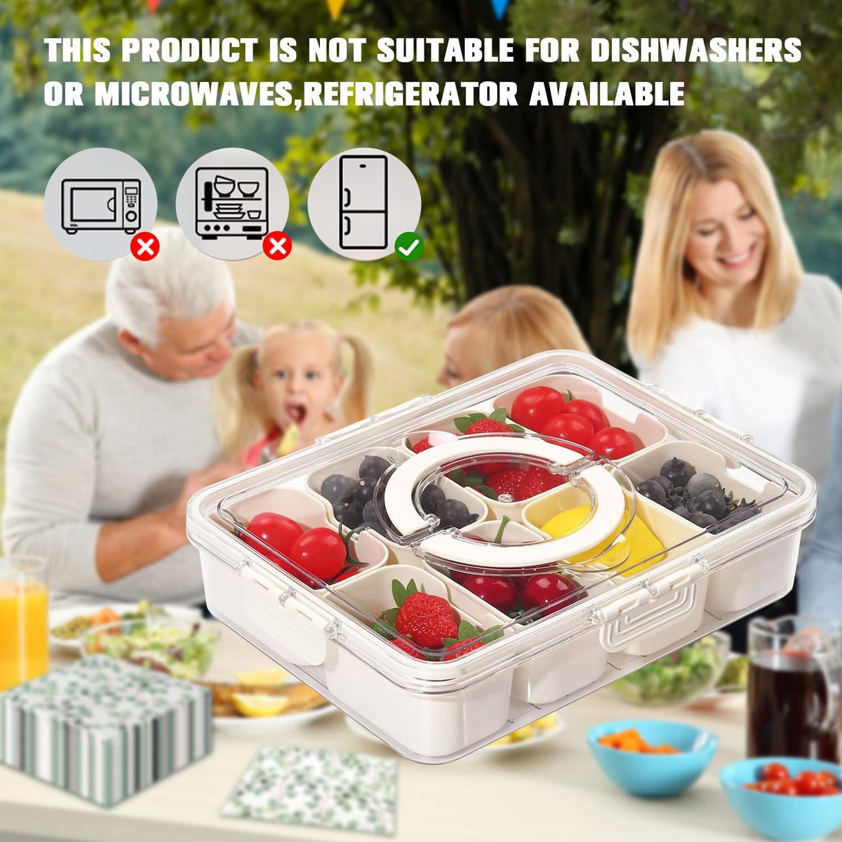 Snack Box Container, Divided Serving Tray with Lid and Handle Snackle Box Container, Snack Organizer for Adults Fruit, Veggie, Perfect for Party, Entertaining