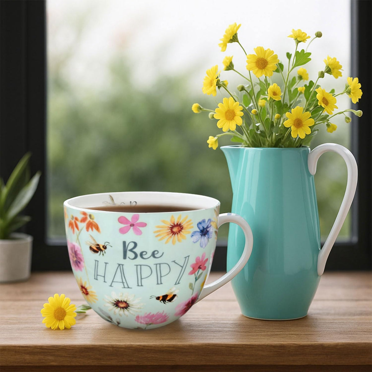 20 oz Bees & Flowers Coffee Hug Mug,“Be Happy” Designed to Spread Joy, Premium Bone China, Perfect Holiday and Birthday Gift for Women, Designed in England by Harvest Green Studio