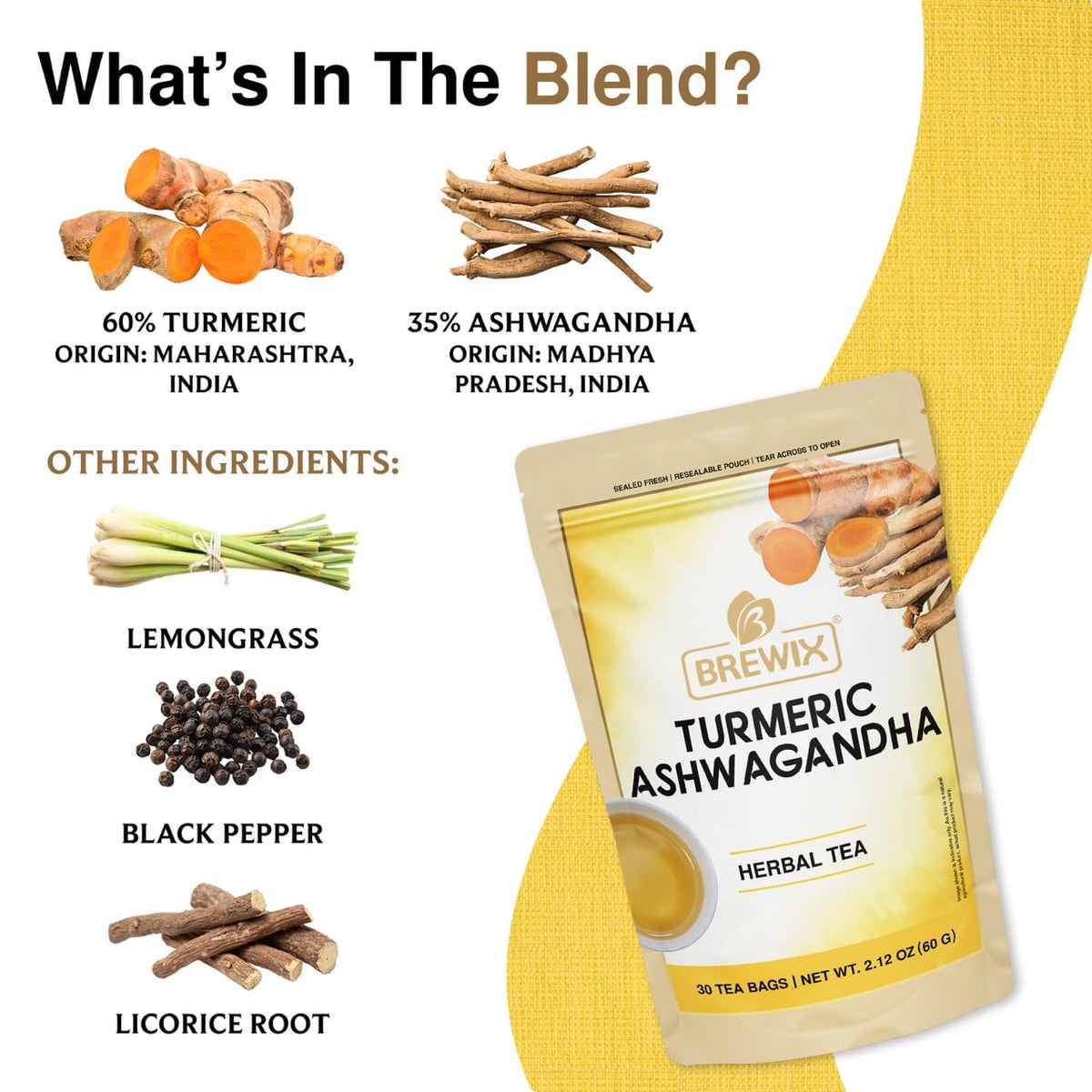 BREWIX, Turmeric Tea with Ashwagandha Root and Black Pepper (30 Plant Based Tea Bags) Caffeine-Free for Relaxation & Daily Stress Support | Herbal Tea For Health & Wellbeing | Supports Restful Sleep