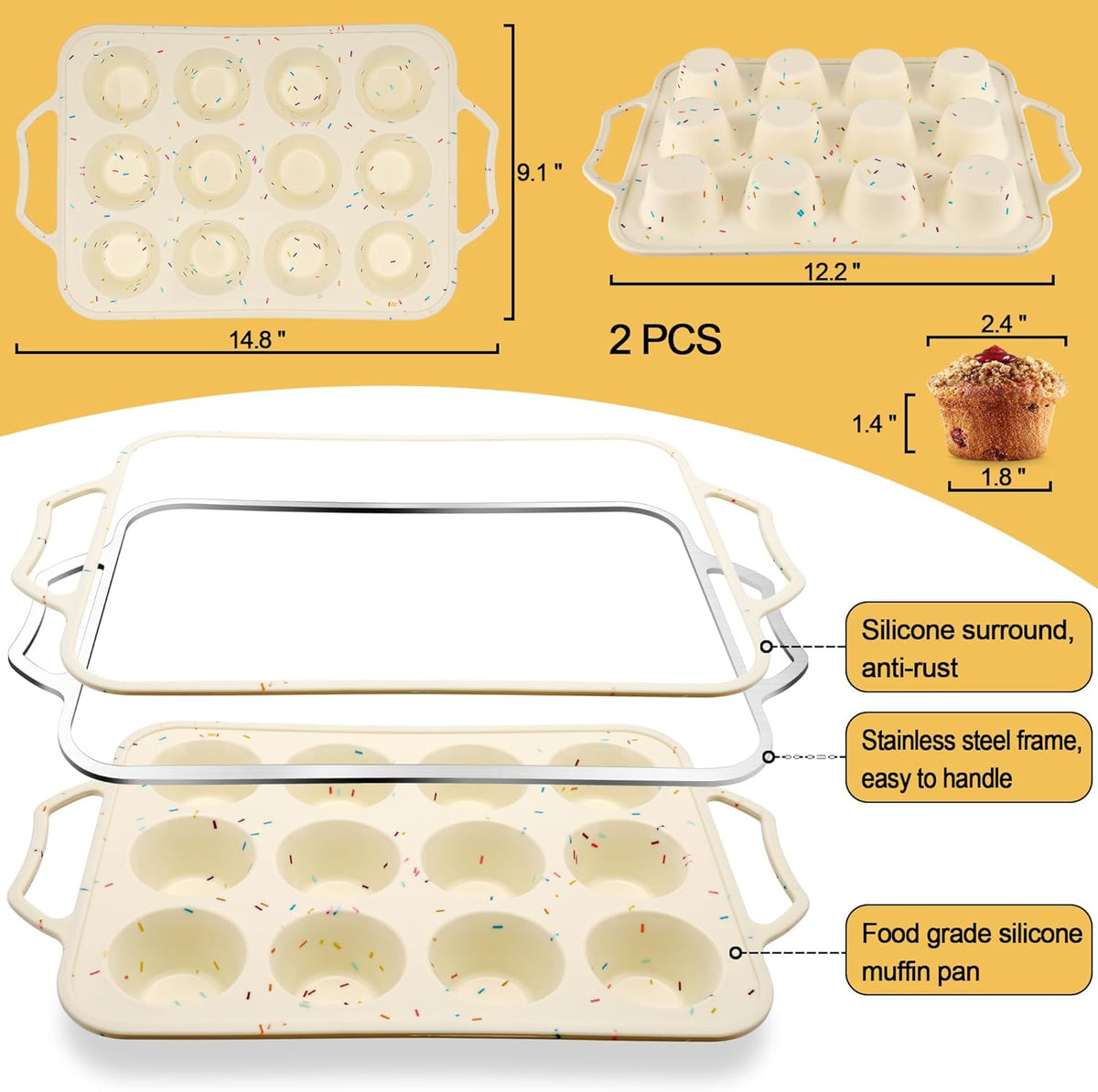 2 Pack Silicone Muffin Pans for Baking with Metal Reinforced Frame, 12 Cup Cupcake Baking Pans Nonstick for Oven, BPA Free Silicone Muffin Tin for Egg Bites Cake, Easy Pop Out & Dishwasher Safe