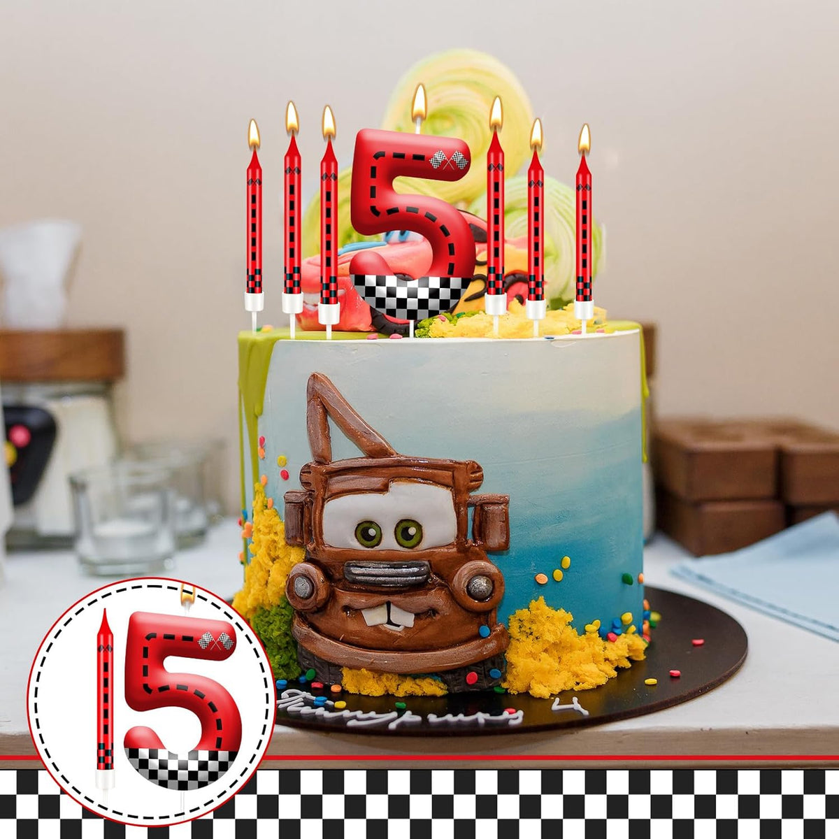 13PCS Racing Car Theme Birthday Candle Set with Checkered Flag Design - Durable Cake Topper for Race Car Party Decorations, Kids Birthday Supplies - Number 5 Candle for Racing-Themed Celebrations