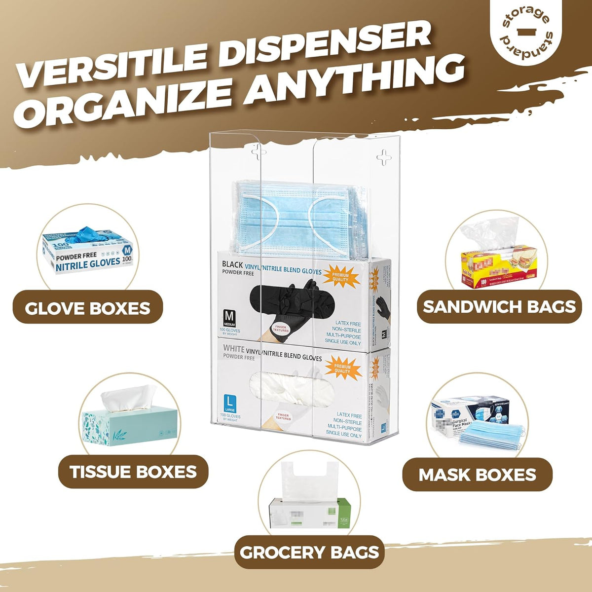 Storage Standard Triple Glove Box Holder Dispenser - Kitchen, Medical, & Latex Glove Holder Wall Mount or Countertop, Universal Fit - Thick Acrylic, Easy to Use, Slide, & Load Open Top Design - Clear