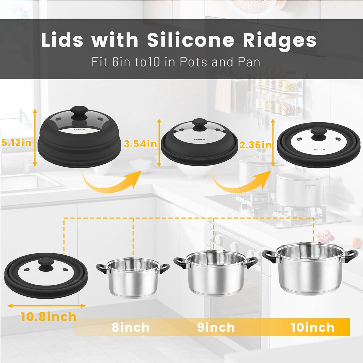 Collapsible Microwave Splatter Cover - Vented Silicone & Glass Lid with Easy-Grip Handle, Fits 6 to 10 Inch Plates & Bowls, 10.8 Inch Diameter, Prevents Splatters & Ensures Even Heating
