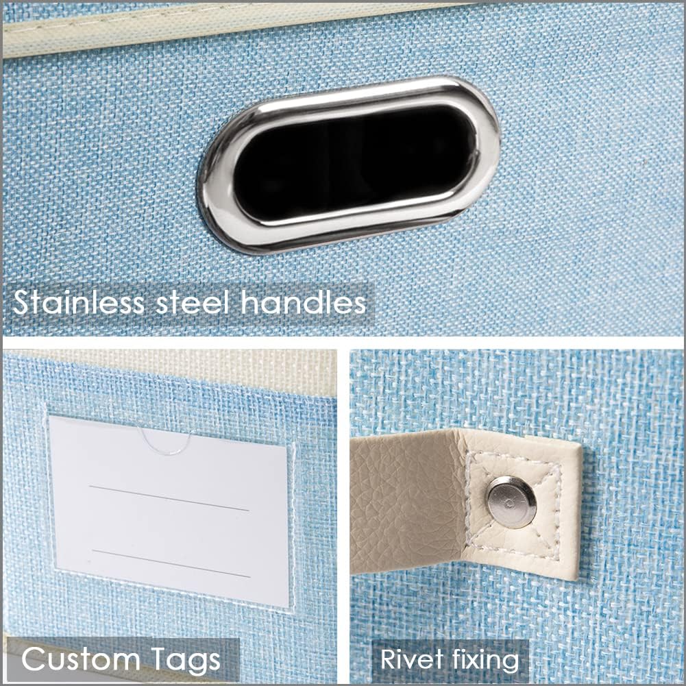 PRANDOM Large Fodable Storage Baskets for Closet [3-Pack] Decorative Fabric Storage Bins Cubes with Leather/Metal Handles for Shelves Bedroom Living Room Blue&Cream (14.9x9.8x8.3 Inch)