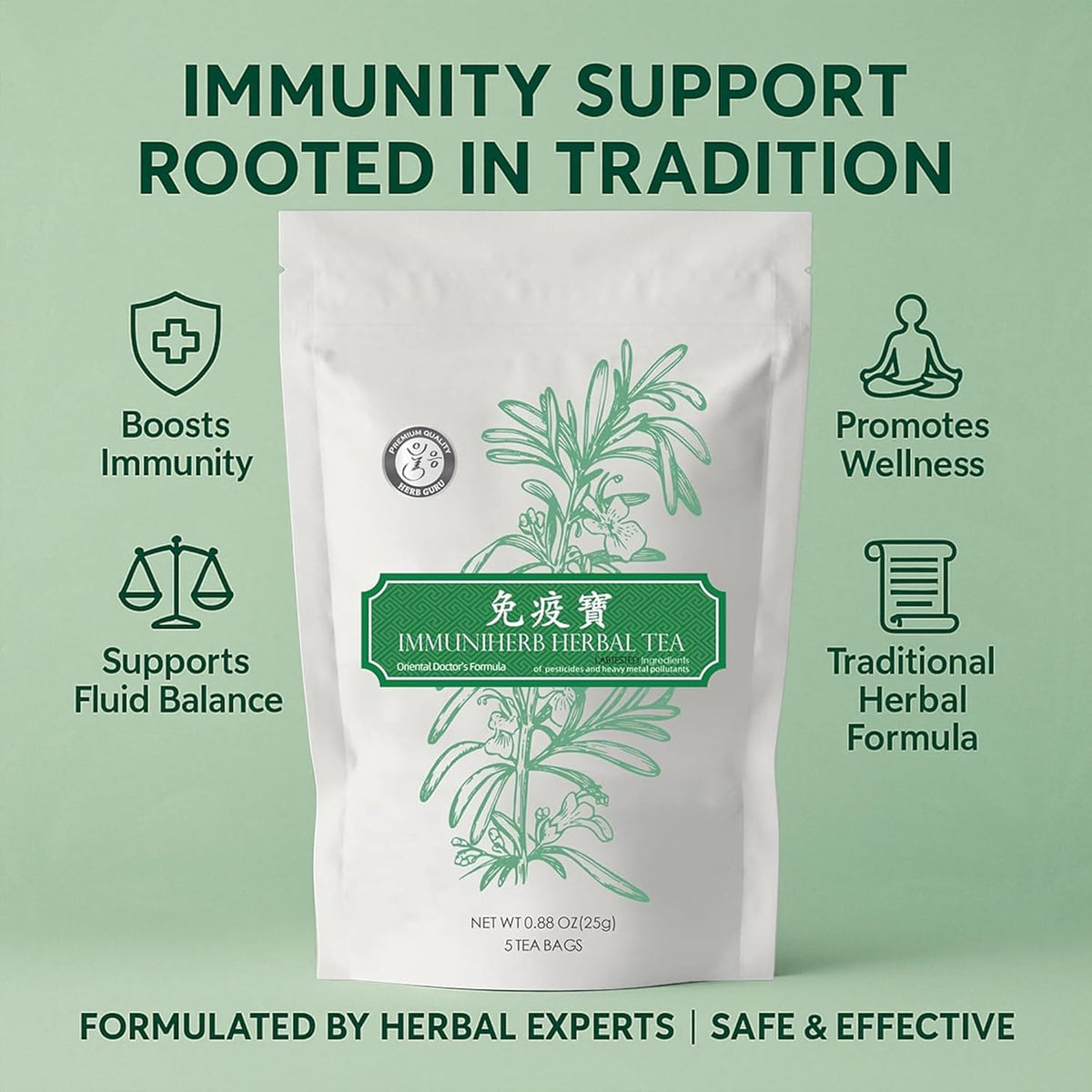 Herb Guru Immuniherb Herbal Tea Bags – Healthy Immune Function & Respiratory Comfort with Ginger, Balloon Flower, Mint & Licorice Root – Caffeine Free Tea, 0.88 Ounces