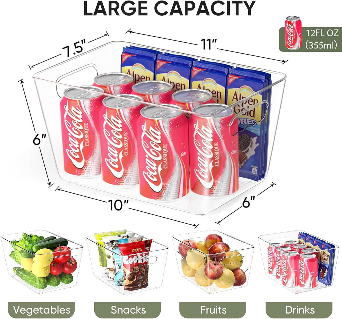 BALEINE Clear Plastic Storage Bins, Pantry Organization, BPA Free Stackable Refrigerator Organizers and Storage with Handles for Kitchen Fridge Cabinet Bathroom (6PK, 11x7.5x6)