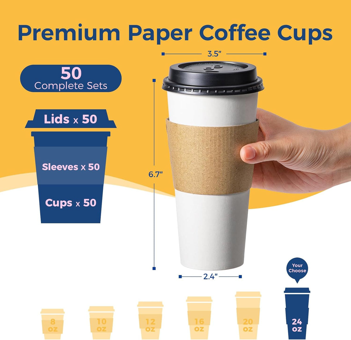 Fit Meal Prep 24 oz 50 Pack To Go Coffee Cups with Lids and Sleeves, Disposable Paper Coffee Cups with Lids for Hot/Cold Beverage