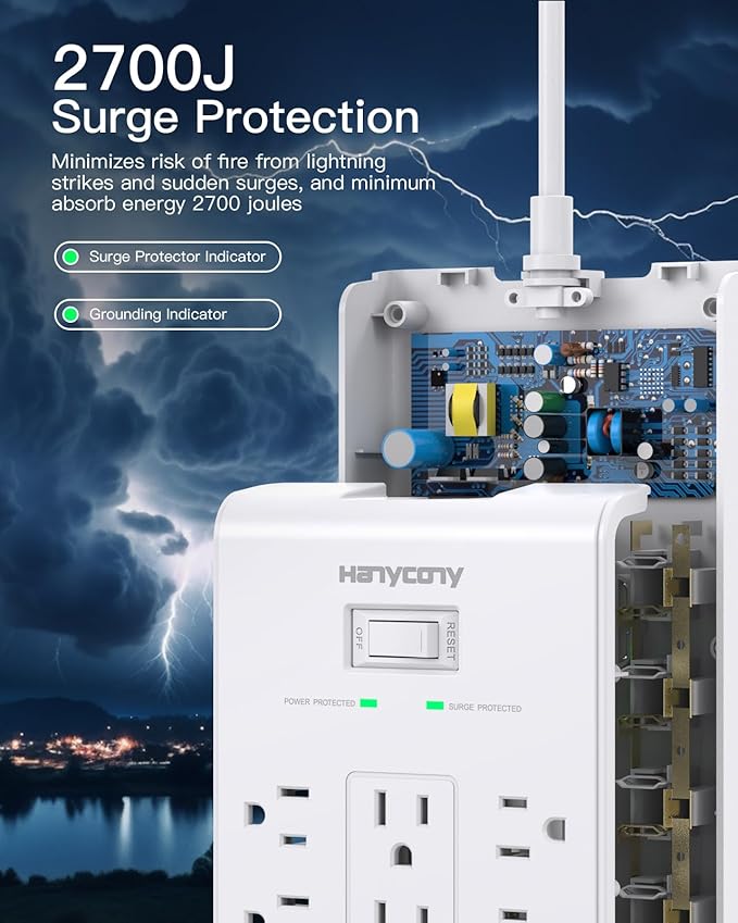 16 Outlets Surge Protector Power Strip, HANYCONY 5 Ft Flat Plug Heavy Duty Extension Cord with 16 Outlets 4 USB Ports(2 USB C), 2700 Joules, Wall Mount for Home Office, ETL Listed, White