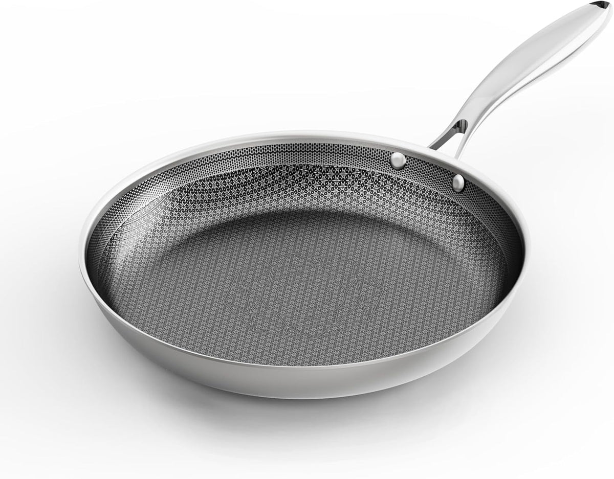 COOKING KING 12-Inch Stainless Steel Pan, Hybrid Nonstick Frying Pan, Skillet, 3-Ply Clad Cookware, Even Heat Distribution, Dishwasher & Oven Safe, with Stay-Cool Handle, Induction Compatible