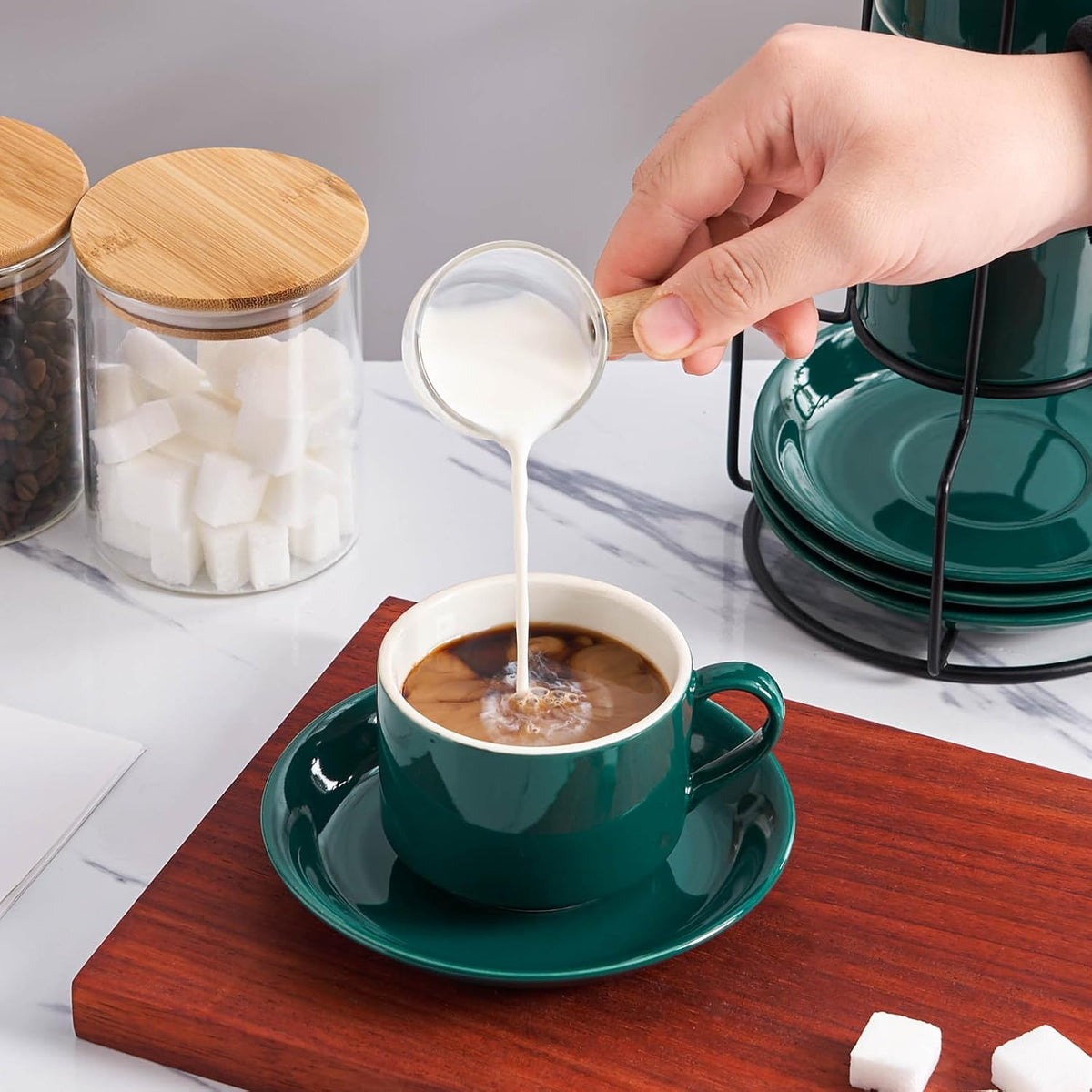 YOLIFE 8oz Porcelain Stackable Cappuccino Cups with Saucers and Metal Stand Set of 4, Coffee cups for Espresso, Specialty Coffee Drinks, Latte, Americano and Tea - Green