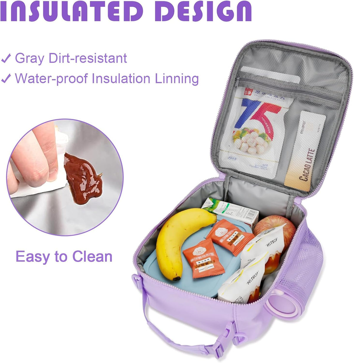 Initial Insulated Lunch Bag for Girls Kids, Back to School Gift, Reusable Leak-proof Lunch Box with Adjustable Strap for School Daycare Travel Picnic (Purple,R)