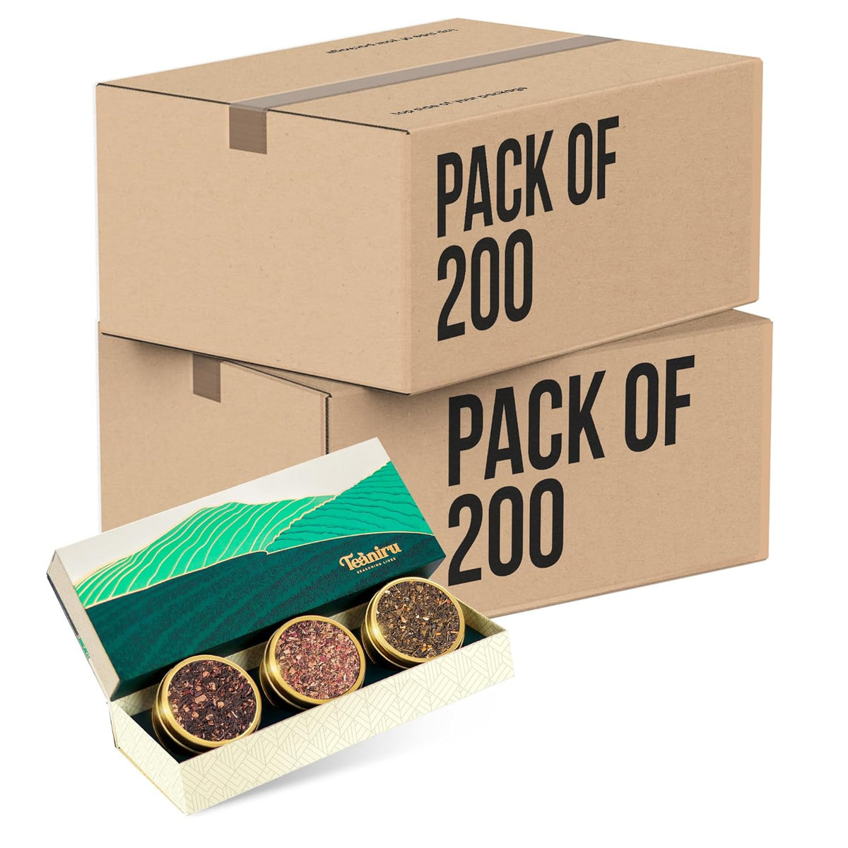 Teaniru, Novelty Tea Collection – Pack of 200 | Loose Leaf Tea Sampler Gift | 3 Flavored Tea - Black, Herbal & Green Tea | Loose Leaf Tea Gift Set for Corporate Gifting
