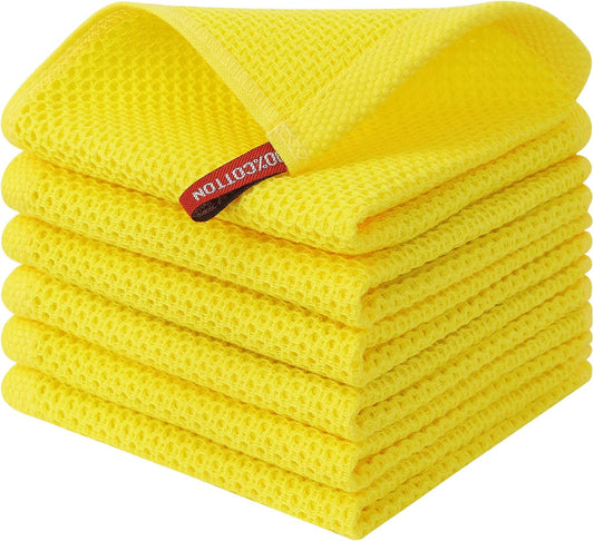 Kitinjoy 100% Cotton Kitchen Dish Cloths, 6 Pack Waffle Weave Ultra Soft Absorbent Dish Towels for Drying Dishes Quick Drying Kitchen Towels Dish Rags, 12 X 12 Inches, Yellow