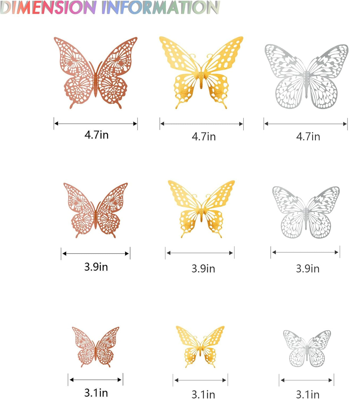 SAOROPEB 3D Butterfly Wall Decor, 72 Pcs 3 Styles 3 Sizes, Removable Metallic Wall Decor Sticker Room Mural Decals for Kids Bedroom Nursery Classroom Party Decoration Wedding Decor DIY Gift (3 Color)