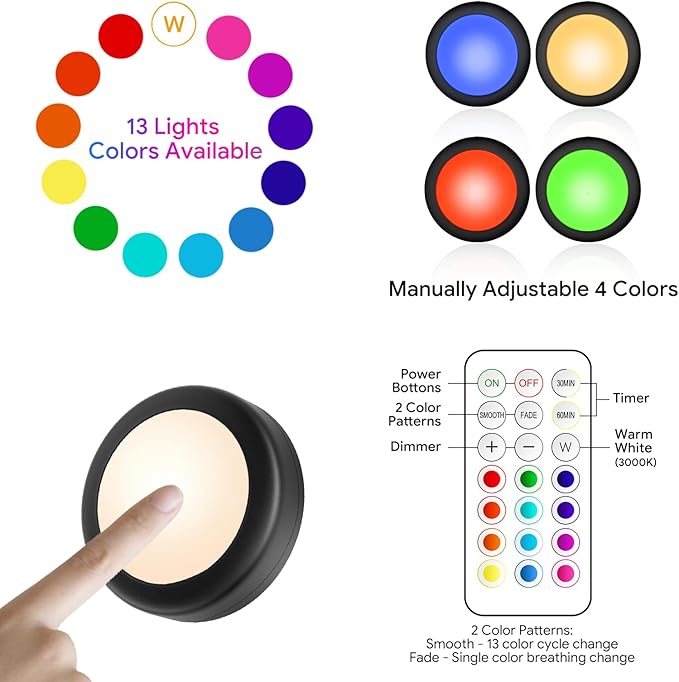 Yiliaw LED Puck Lights with Remote Control, AA Battery Operated Lights, 12 Color Closet Under Cabinet Lighting, Push Tap Light, Under Counter Light for Kitchen, 12 Pack, Black