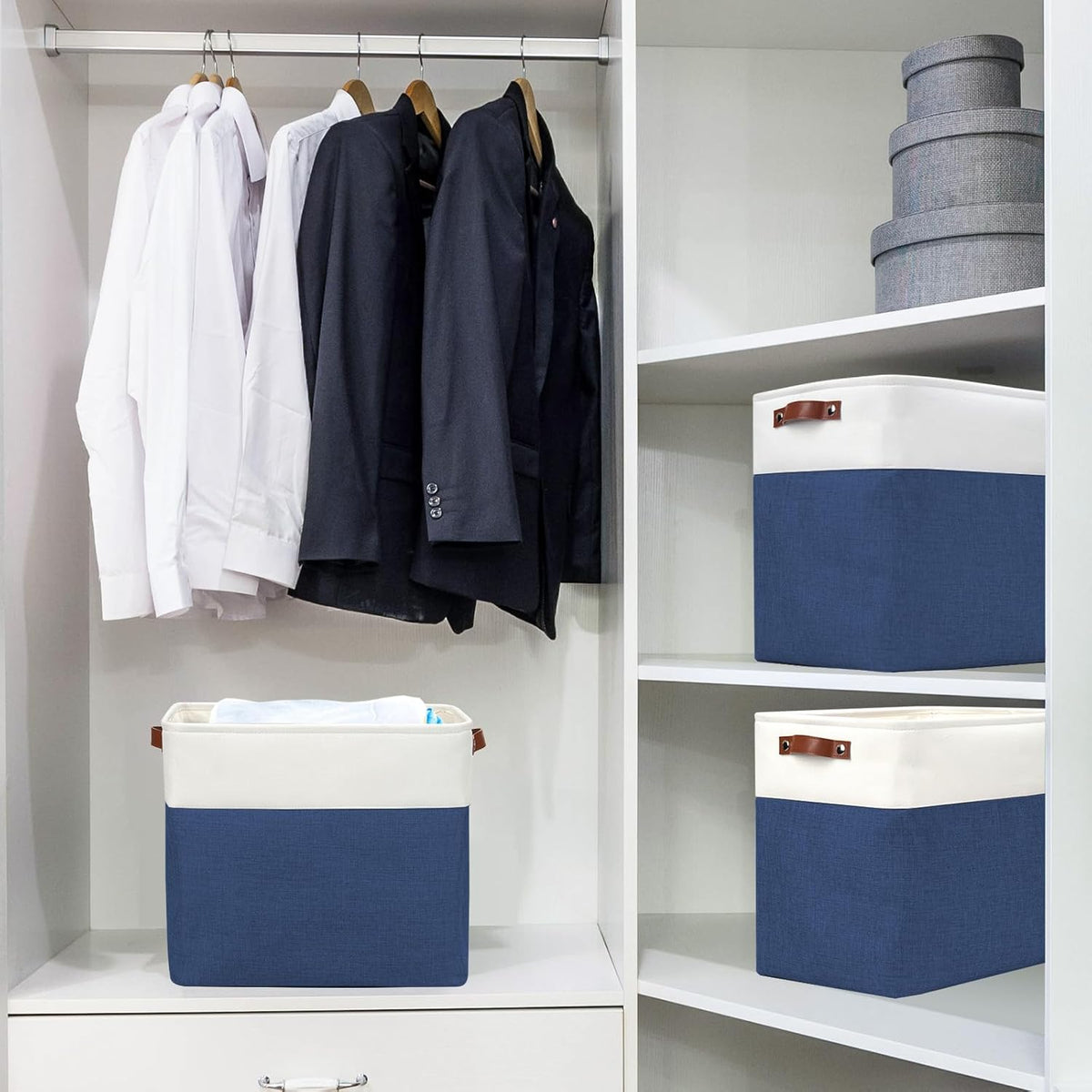 Large Fabric Storage Baskets | 50L Storage Bins, Decorative Linen Closet Baskets with Handles for Organizing, Shelf, Toys, Clothes, Home, Office, Nursery, 17x12x15Inches (Navyblue&White)