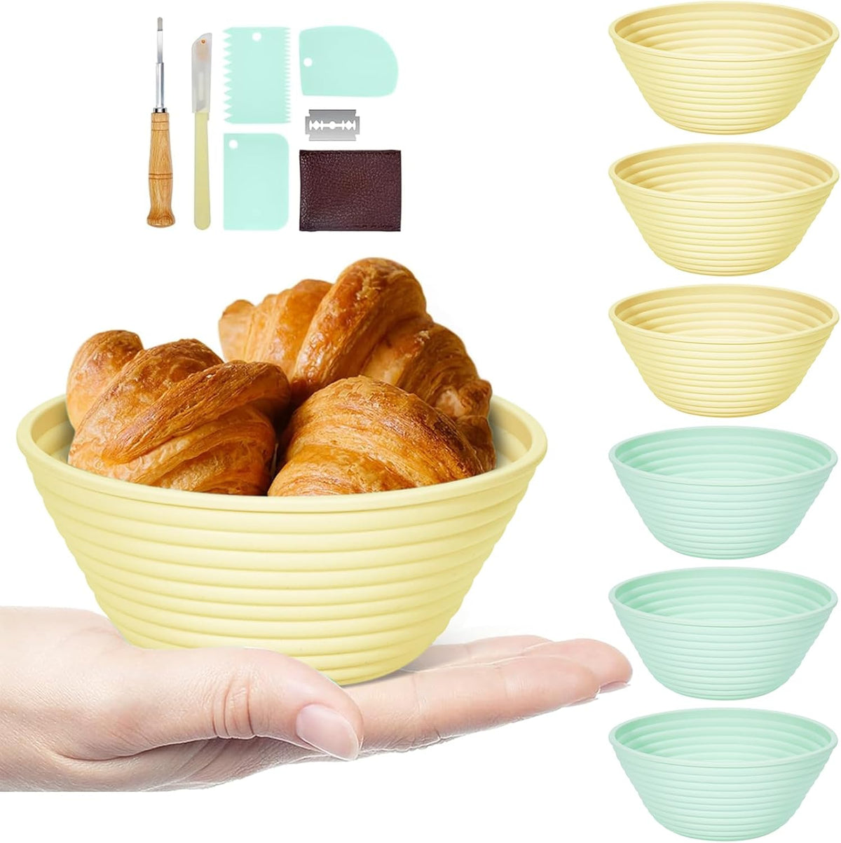 Silicone Banneton, Sourdough Bread Baskets (Set of 6, 5 Inch), Round Proofing Bread Bowls with Starter Kit, Bread Making Baking Supplies