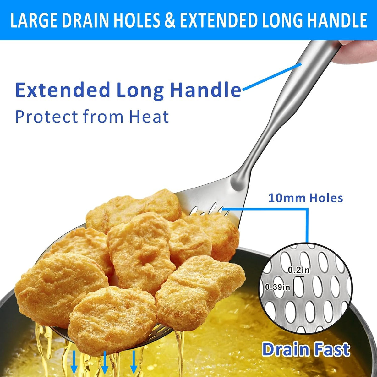 Large Skimmer Slotted Spoon, 304 Stainless Steel Pasta Strainer Colander Spoon, Spider Ladle with Big Draining Holes, Deep Fryer Scoop for Frying, Cooking, Draining, Ideal for Gift, 15''