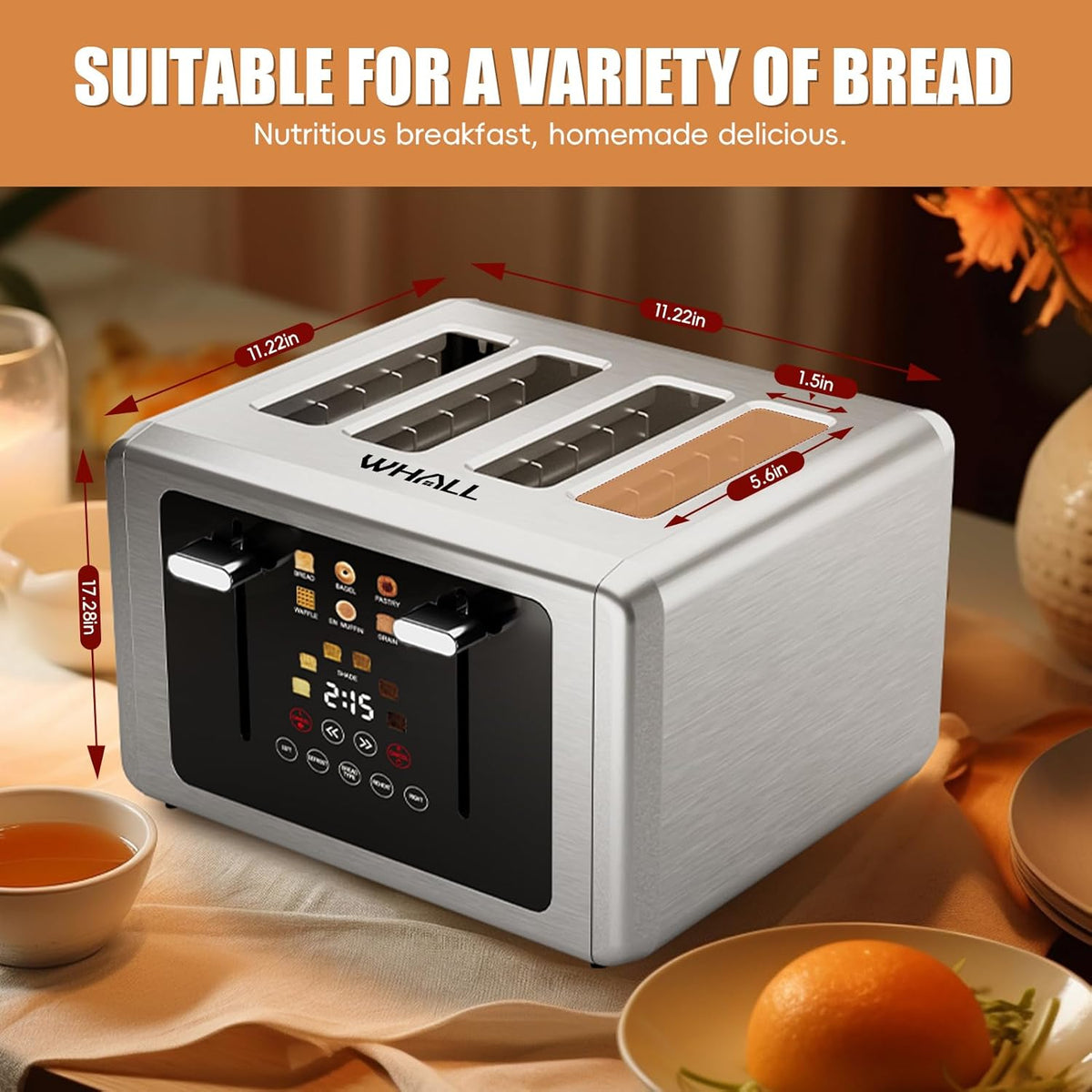 whall 4 Slice Touch Screen Toaster, Stainless Steel Toasters Digital Timer, Dual Control Panel Toasters，6 Shade Settings＆6 Bread Types, Smart Wide Slots, Bagel, Cancel, Defrost,Flat lever Silver